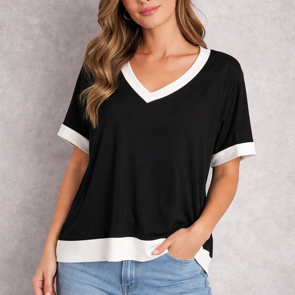 Alembika Color Block Stretchy Boxy Blouse In Black White Women's Size S